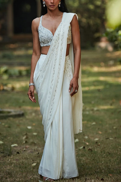 Off-white embroidered pre-draped sari set