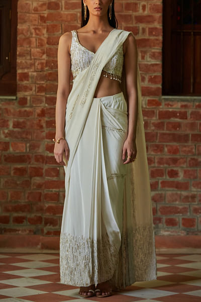 Off-white pre-draped sari set