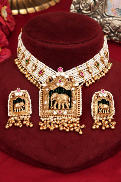 Beryachi Green and pink stone embellished choker set BERYJUL26D149729