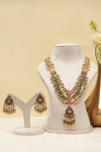 Beryachi Gold-green embellished long necklace set BERYJUL26D149738