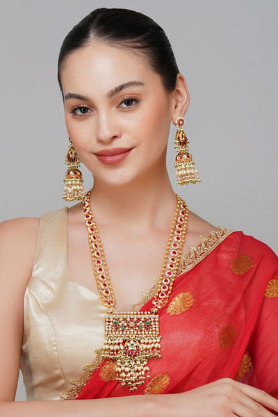Multicolour kundan stones long necklace set