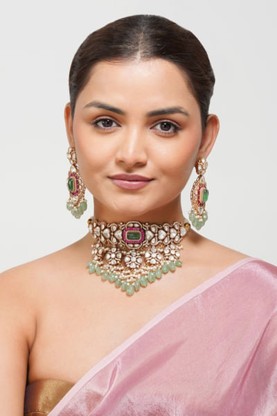 Multicolour kundan stone polki necklace set