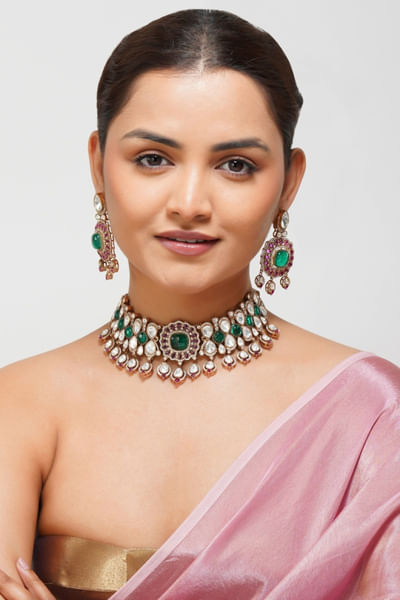 Multicolour polki necklace set