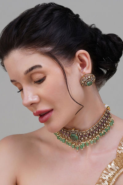 Mint green and rani pink kundan choker set