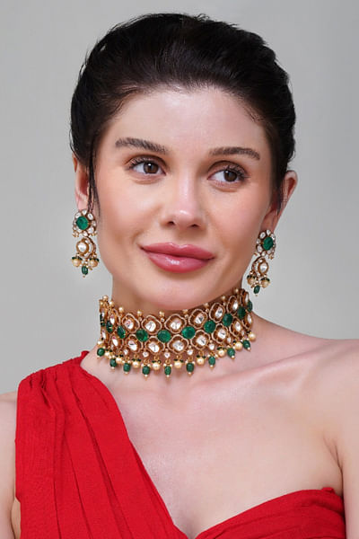 Emerald green kundan polki choker set