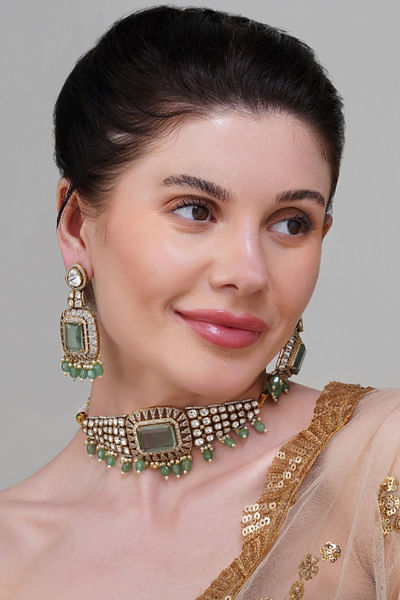 Mint green kundan and beaded choker set