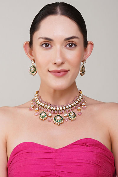 Green and pink kundan necklace set