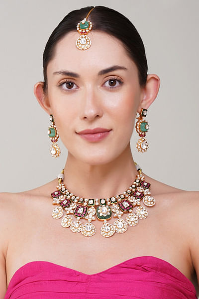Multicolour kundan meenakari necklace set