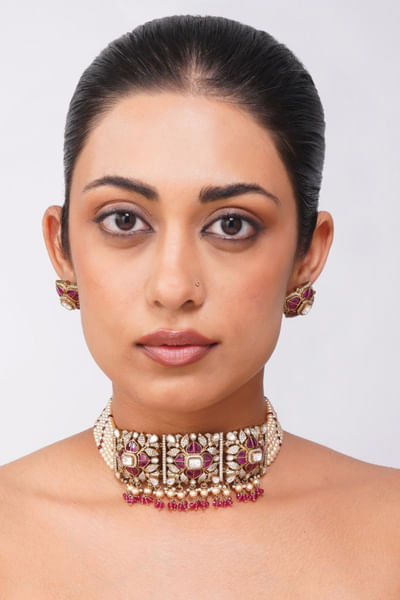 Ruby red pearl kundan choker necklace set