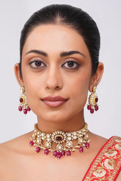 Ruby pearl kundan choker necklace set