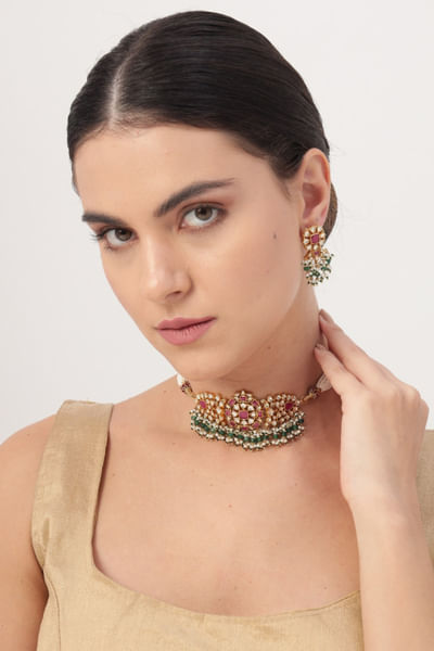 Multicolour kundan stones choker set