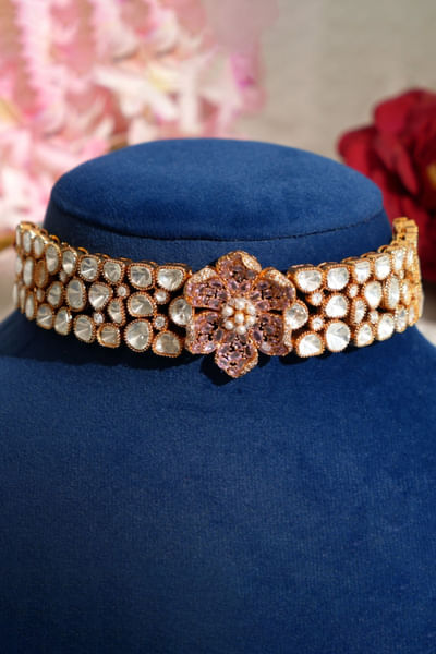 Multicoloured pink ruby kundan choker set