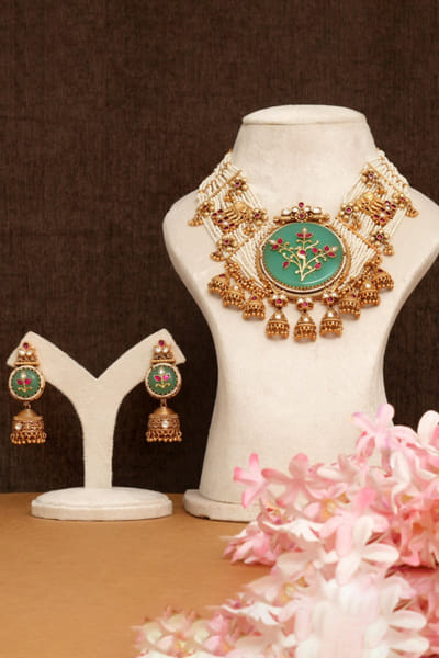 Multicolour kundan polki pearl necklace set