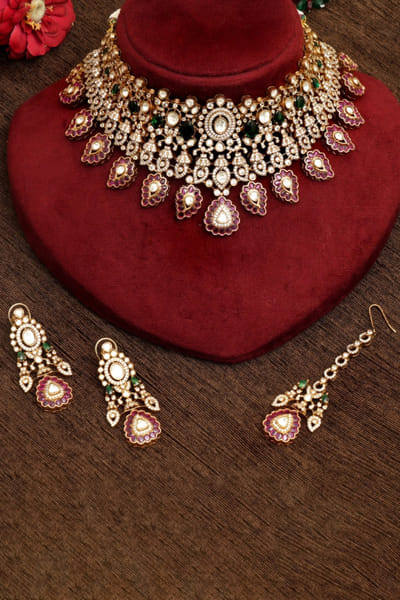 Ruby emerald kundan polki necklace set