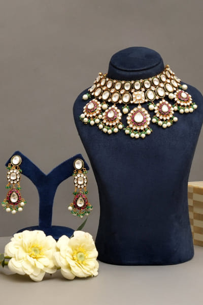 Multicolour pearl kundan polki necklace set