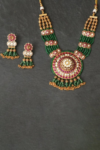 Multicolour kundan long necklace set