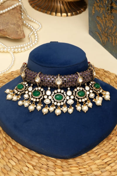 Beryachi Multicolour gold plated kundan necklace set BERYMAY26D143872