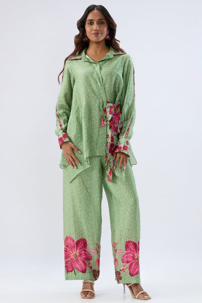 Green printed and embroidered co-ords
