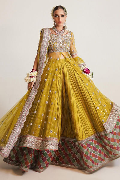 Lime yellow embroidered lehenga set