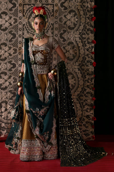 Hussain Rehar Mustard and blue hand embellished lehenga set HUSSMAY26D244453