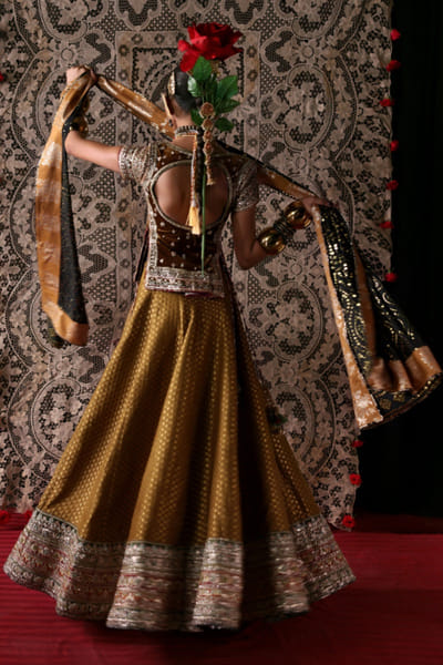 Hussain Rehar Mustard and blue hand embellished lehenga set HUSSMAY26D244453