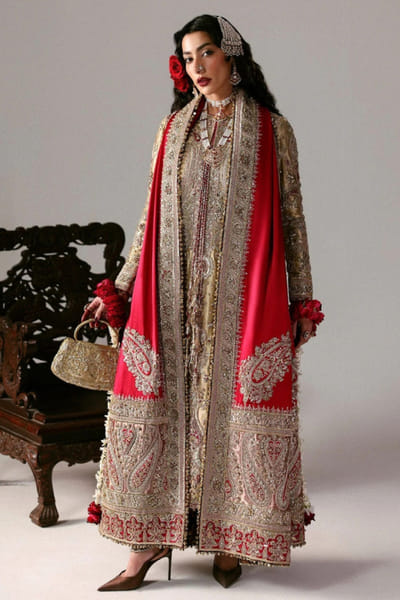 Hussain Rehar Red and gold 3D embellished banarasi kurta set HUSSMAY26D244455