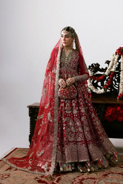 Hussain Rehar Carmine red embellished lehenga set HUSSMAY26D244456