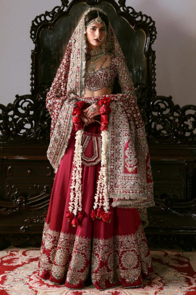 Hussain Rehar Venetian red embellished lehenga set HUSSMAY26D244457