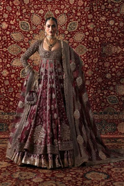Hussain Rehar Burgundy-maroon hand embellished lehenga set HUSSMAY26D244458