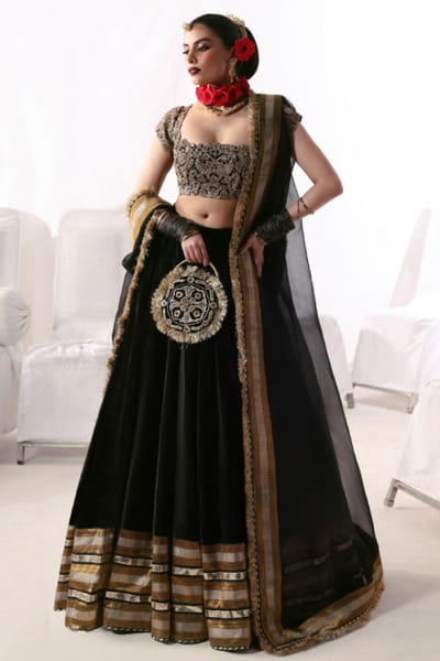Hussain Rehar Black banarasi lappa border lehenga set HUSSMAY26D244468