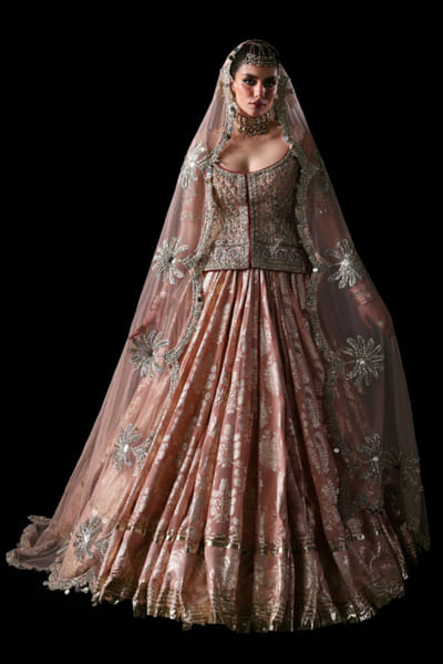 Hussain Rehar Peach lappa and gota embroidered lehenga set HUSSMAY26D244470