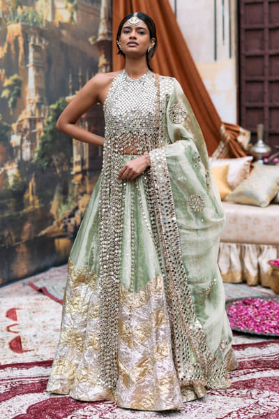 Green chevron gota embroidered lehenga set