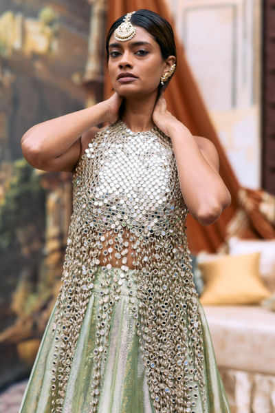Green chevron gota embroidery lehenga set