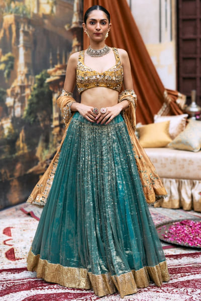 Teal gota embroidered lehenga set