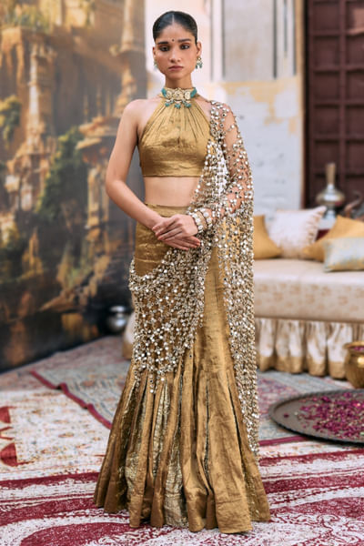 Bronze gota embroidered fishtail lehenga set