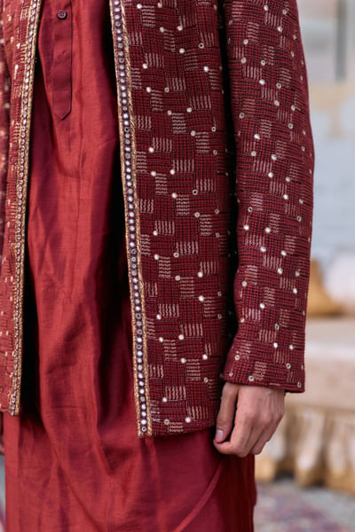 Maroon chikankari embroidered jacket-kurta set