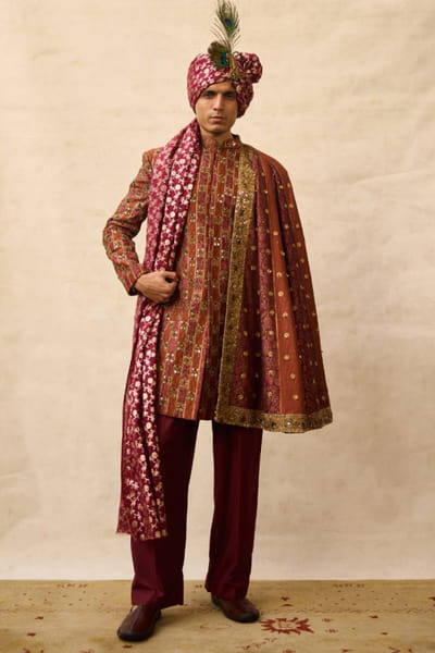 Brown and maroon brocade sherwani set