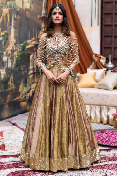 Plum and gold gota embroidery lehenga set