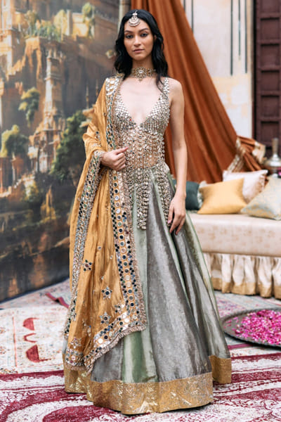 Green and black gota embroidery lehenga set