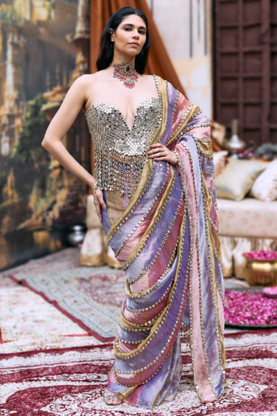 Multicolor mirror-striped pre-draped sari set