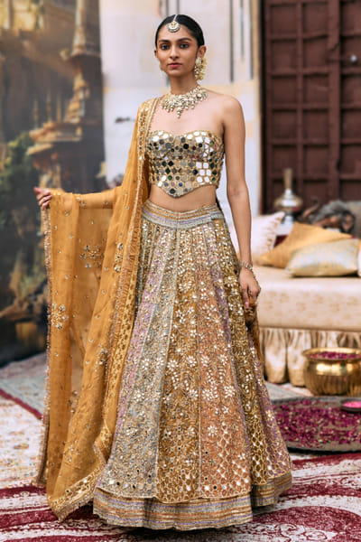 Multicolor embellished layered lehenga set
