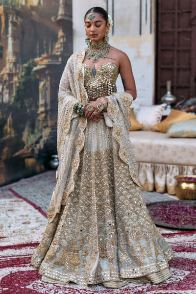 Ivory mirror embroidered corset lehenga set