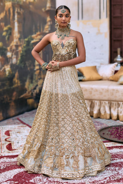 Ivory mirror embroidery corset lehenga set