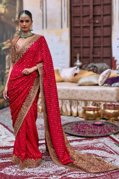 Red embroidered sari set