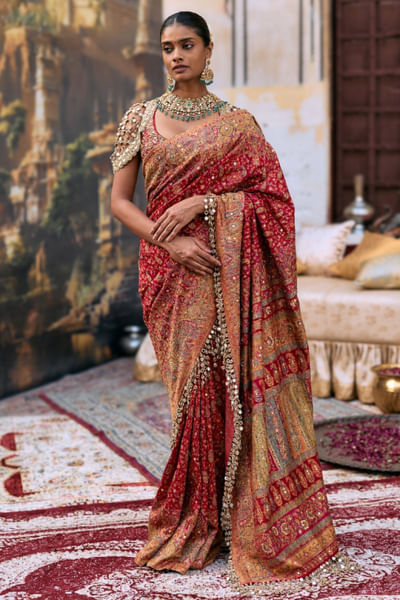Red jamawar embroidered sari set