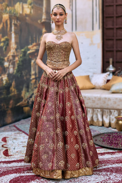 Multicolour embroidered-panelled lehenga set