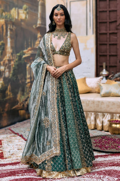 Green brocade lehenga set