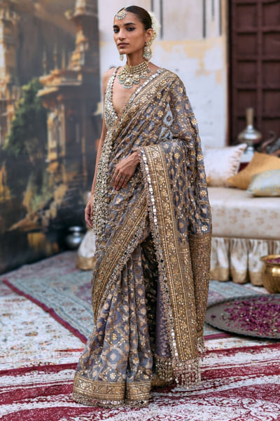 Purple embroidered sari set