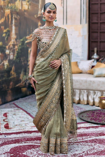 Green antique embroidered sari set