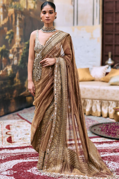 Brown embroidered sari set
